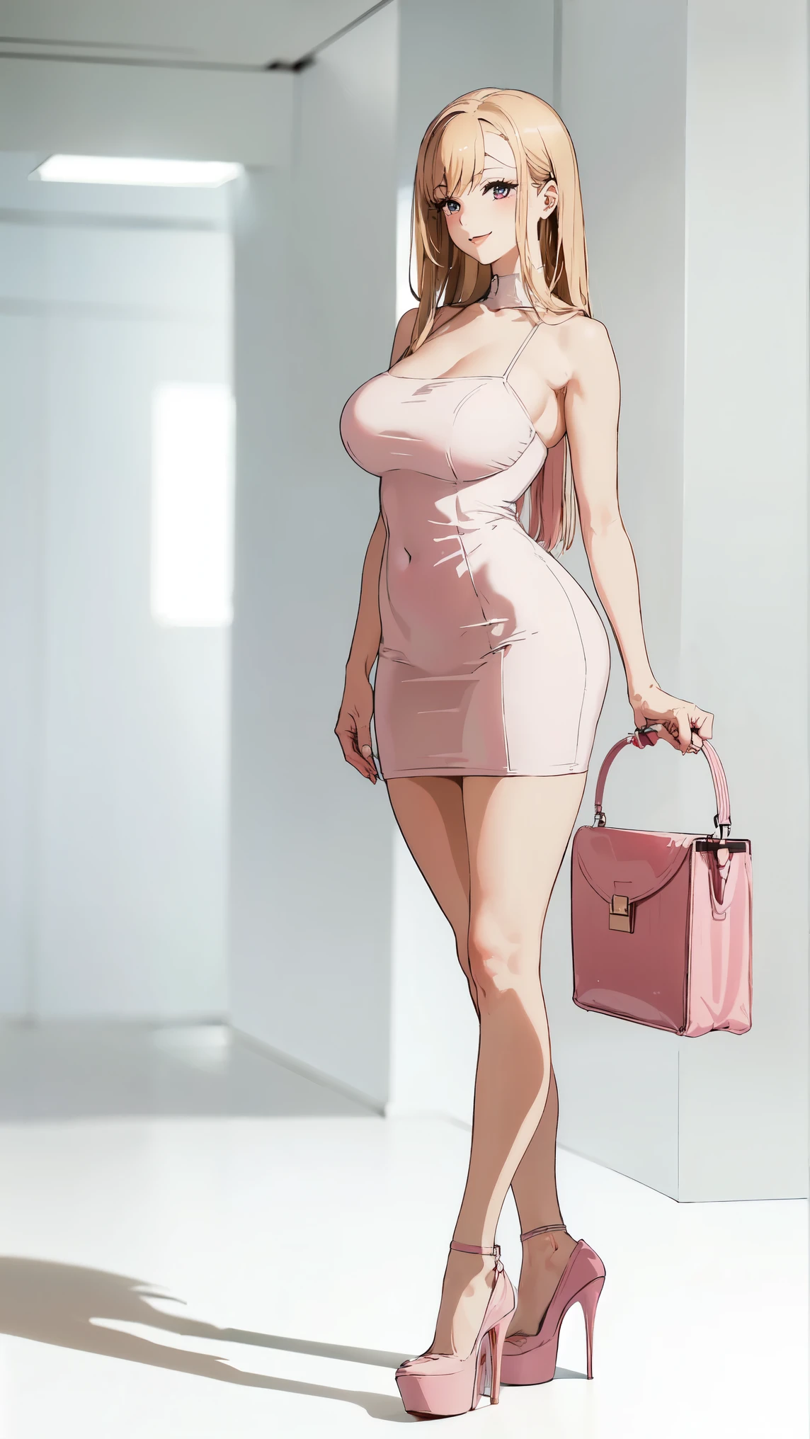 ((masterpiece, high resolution, better quality, better details)), ((Marin Kitagawa)), ((Smiling)), ((one girl)) a girl modeling standing, (((pink tube dress)), pelvic_curtain, ((big neckline)), ((platform high heels)), pink eyes with black outline, (light blonde hair, straight hair, straight bangs, long hair)), long nails, pink nails, (((curvy body))), shiny skin, ((side view)), solo, bare shoulders, full body, focus full body, high heels, ((White background)),