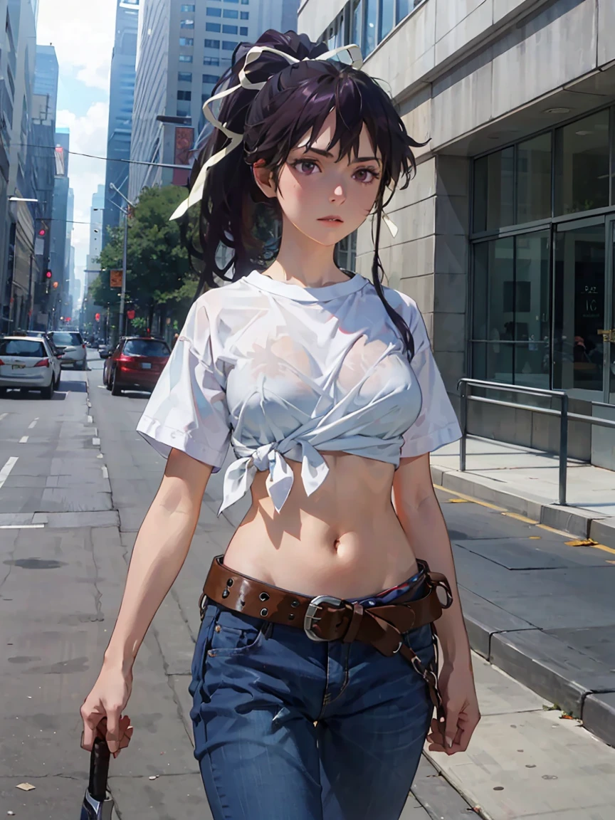 Masterpiece, best quality, height, 1 girl, alone, With shell, Asymmetrical clothes, One side short pants, one side long, navel, purple eyes, My hair is very long., Tie-dye shirt, Diaphragm, hair ribbon, Single pant leg, white shirt, ponytail, black hair, big breasts, jeans, white ribbon, brown belt, purple hair, Asymmetrical pants, outdoor, cowboy shoot, , thin wire is drawn inside the pussy, A thin thread is inserted into the vagina., sword, weapon, in the city
