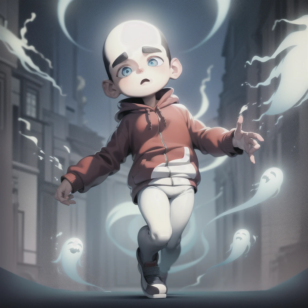 ((masterpiece, best quality)),(complex lighting),1boy,solo, full body, norman, child,thick eyebrows, hoodie,ghost, running,