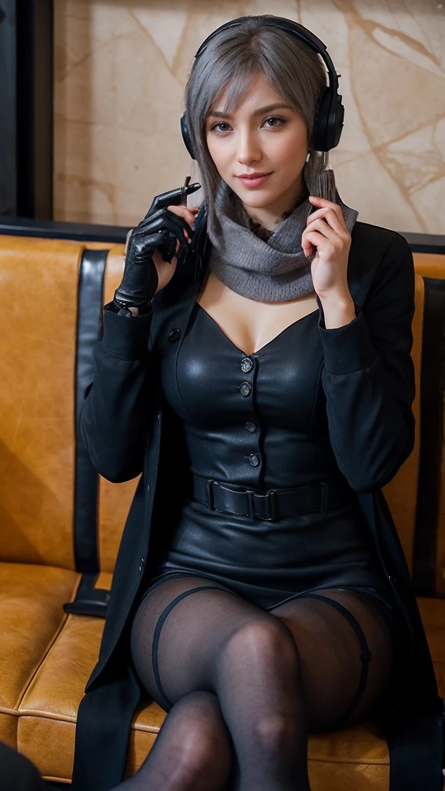 masterpiece, best quality, 1girl, solo, Bkornblume, headphones, solo, blue scarfs, coat, pussy, meeting someone, interrogation, black dress, black gloves, grey hair, holding gun, black coat dress, long sleeves, gloves, blushing, cafe, smile, full body, information, german face, boots, sitting, opened breasts, die stasi spy, cafe background, pantyhose, heels, holsters, buttons, knee, Street, Germany, breasts, blue stocking, Aranea Highwind, using cellphone telephone, mama Aranea, stasi, indoor, giving information intelligence, confidential document papers