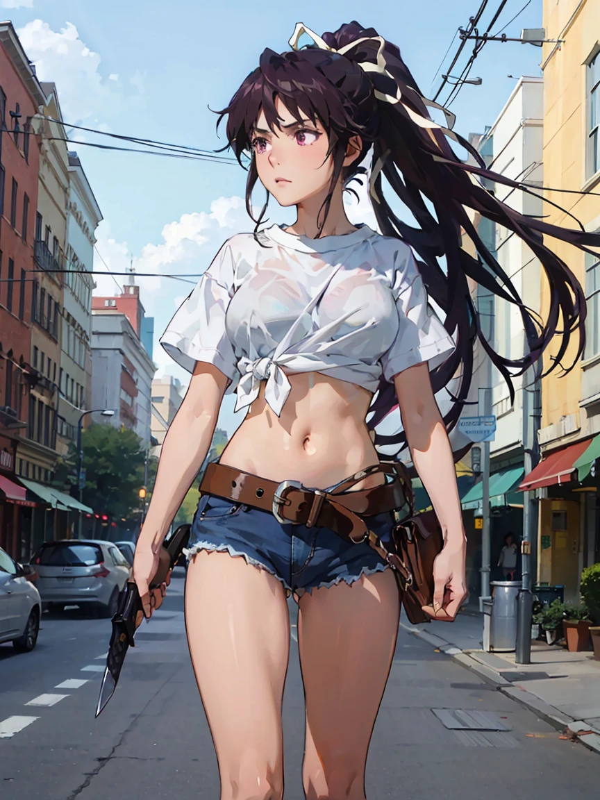 Masterpiece, best quality, height, 1 girl, alone, With shell, Asymmetrical clothes, One side short pants, one side long, navel, purple eyes, My hair is very long., Tie-dye shirt, Diaphragm, hair ribbon, Single pant leg, white shirt, ponytail, black hair, big breasts, jeans, white ribbon, brown belt, purple hair, Asymmetrical pants, outdoor, cowboy shoot, , thin wire is drawn inside the pussy, A thin thread is inserted into the vagina., sword, weapon, in the city