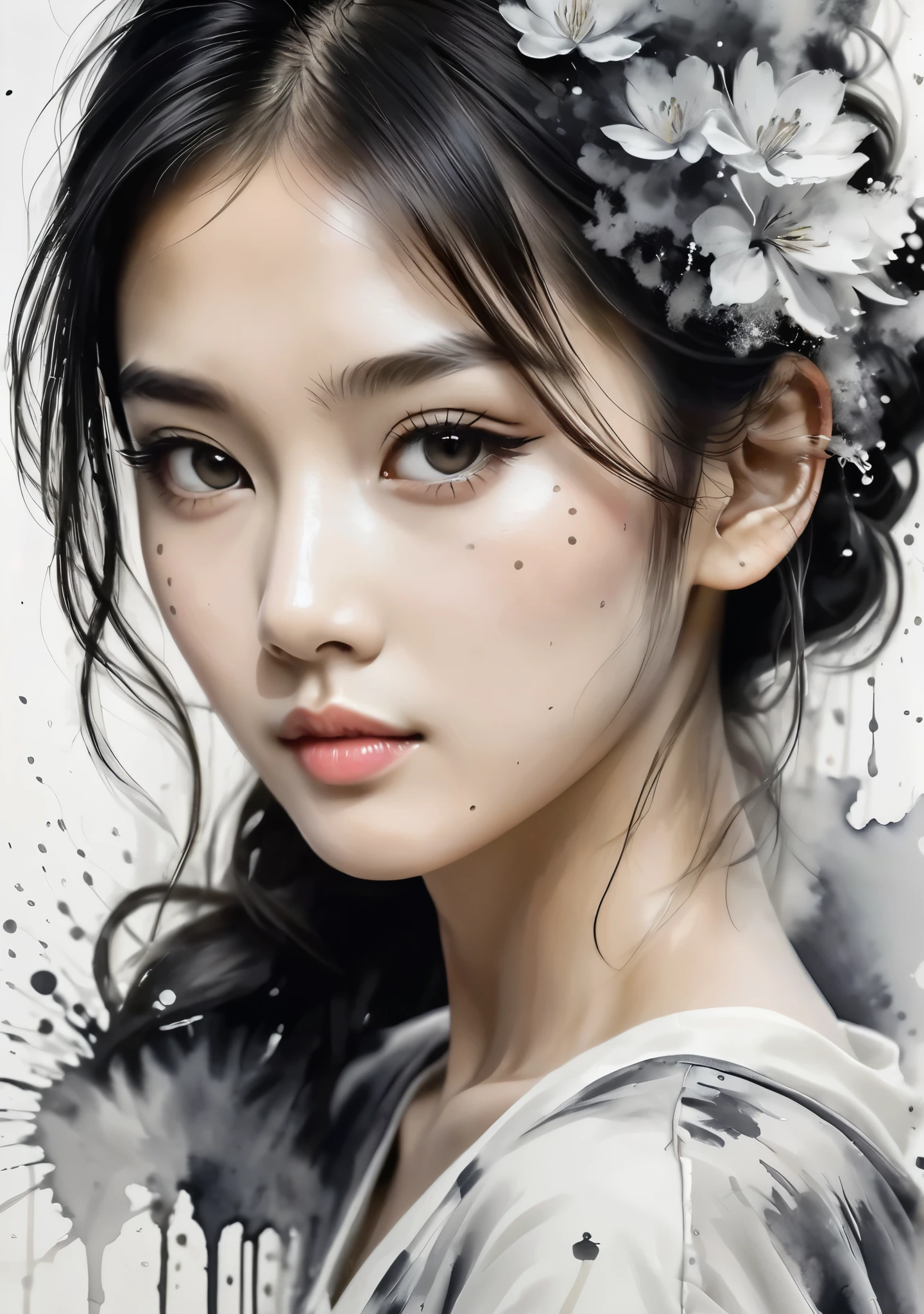 Beautiful young Asian woman ink wash painting style,1 girl, chic, portrait frame, detailed gorgeous face, with small splashes of paint around , and paint gently running down the bottom of the painting, work of art with lightness and delicacy, good taste