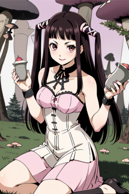 1girl,solo,black hair,smile,breasts,ribbon,long hair,two side up,hair ribbon,pink eyes,long skirt,twintails,medium breasts,looking at viewer,bangs,blunt bangs,lipstick,(mushroom forest background:1.2),(silver trim :1.2),(Sitting, pretending to hold a teddy bear's tea  :1),