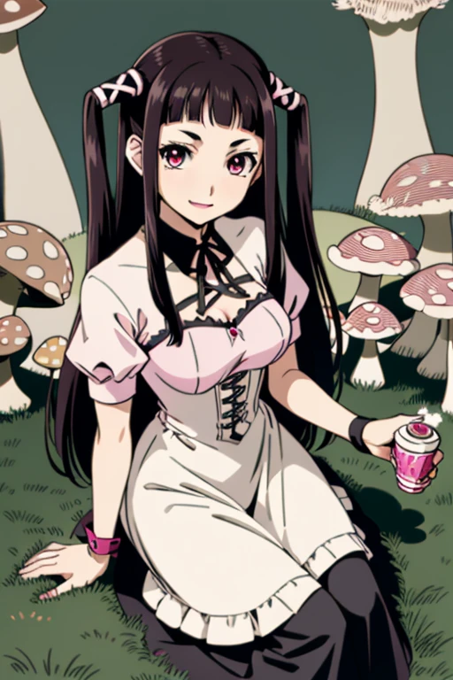 1girl,solo,black hair,smile,breasts,ribbon,long hair,two side up,hair ribbon,pink eyes,long skirt,twintails,medium breasts,looking at viewer,bangs,blunt bangs,lipstick,(mushroom forest background:1.2),(silver trim :1.2),(Sitting, pretending to hold a teddy bear's tea  :1),