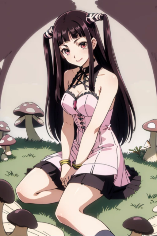 1girl,solo,black hair,smile,breasts,ribbon,long hair,two side up,hair ribbon,pink eyes,long skirt,twintails,medium breasts,looking at viewer,bangs,blunt bangs,lipstick,(mushroom forest background:1.2),(silver trim :1.2),(Sitting, pretending to hold a teddy bear's tea  :1),