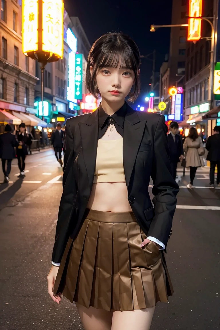 cute young Woman, short black Hair, Brown Eyes, Empress,pleated skirt suit,street lamps,neons,bustling street background,(navel:1.1,princess eyes), Nobility, Royalty, High Quality, Masterpiece, Highly Detailed