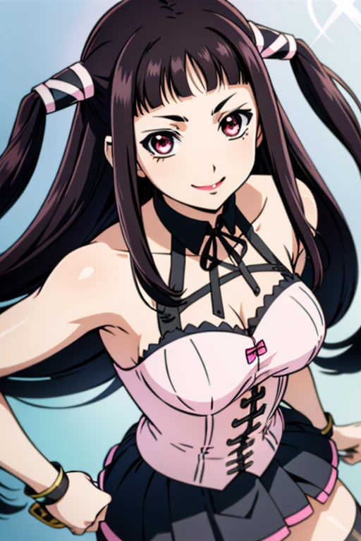 1girl,solo,black hair,smile,breasts,ribbon,long hair,two side up,hair ribbon,pink eyes,twintails,medium breasts,looking at viewer,bangs,blunt bangs, lipstick,