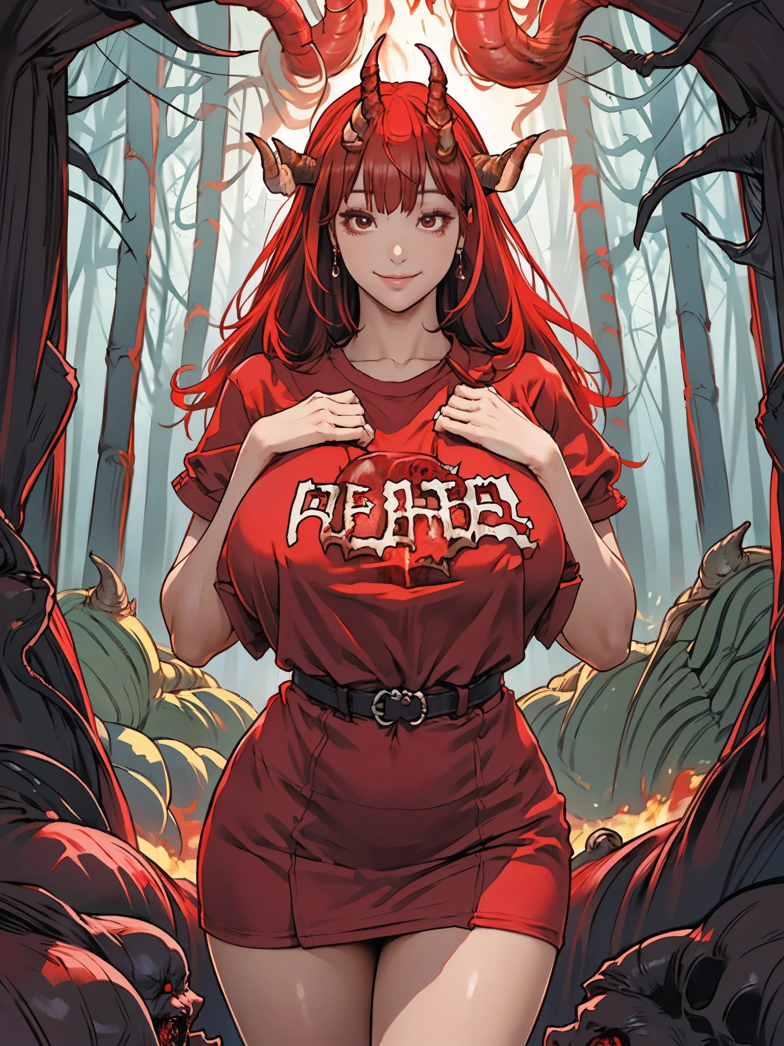 girl, body tilt, long layered hair, hime cut bangs, (oni horn:1.2), t-shirt mini dress, short sleeves, thighs, wide hips, (hands up, breasts squeeze), (gigantic breasts:1.2), detailed face, (looking at viewer:1.2), closed-mouth, smile, red hair, red leather, standing, (red forest of ((hell:1.4)):1.4),