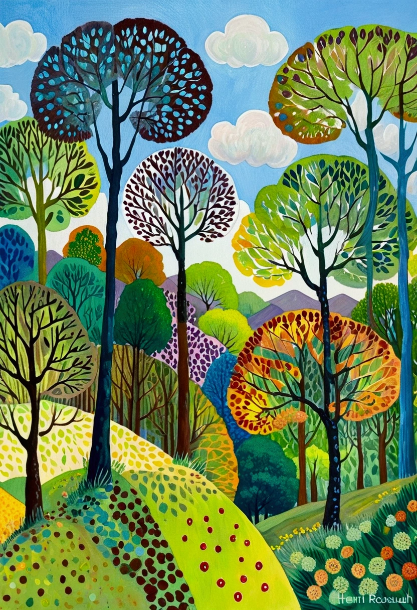 painting of a colorful landscape with trees and clouds, vibrant gouache painting scenery, whimsical forest, colorful trees, hill with trees, nature painting, bright forest, trees in the grassy hills, colorful landscape painting, detailed trees, lots of trees, painting of a forest, random forest landscape, trees with lots of leaves, inspired by Henri Rousseau, inspired by Pacita Abad