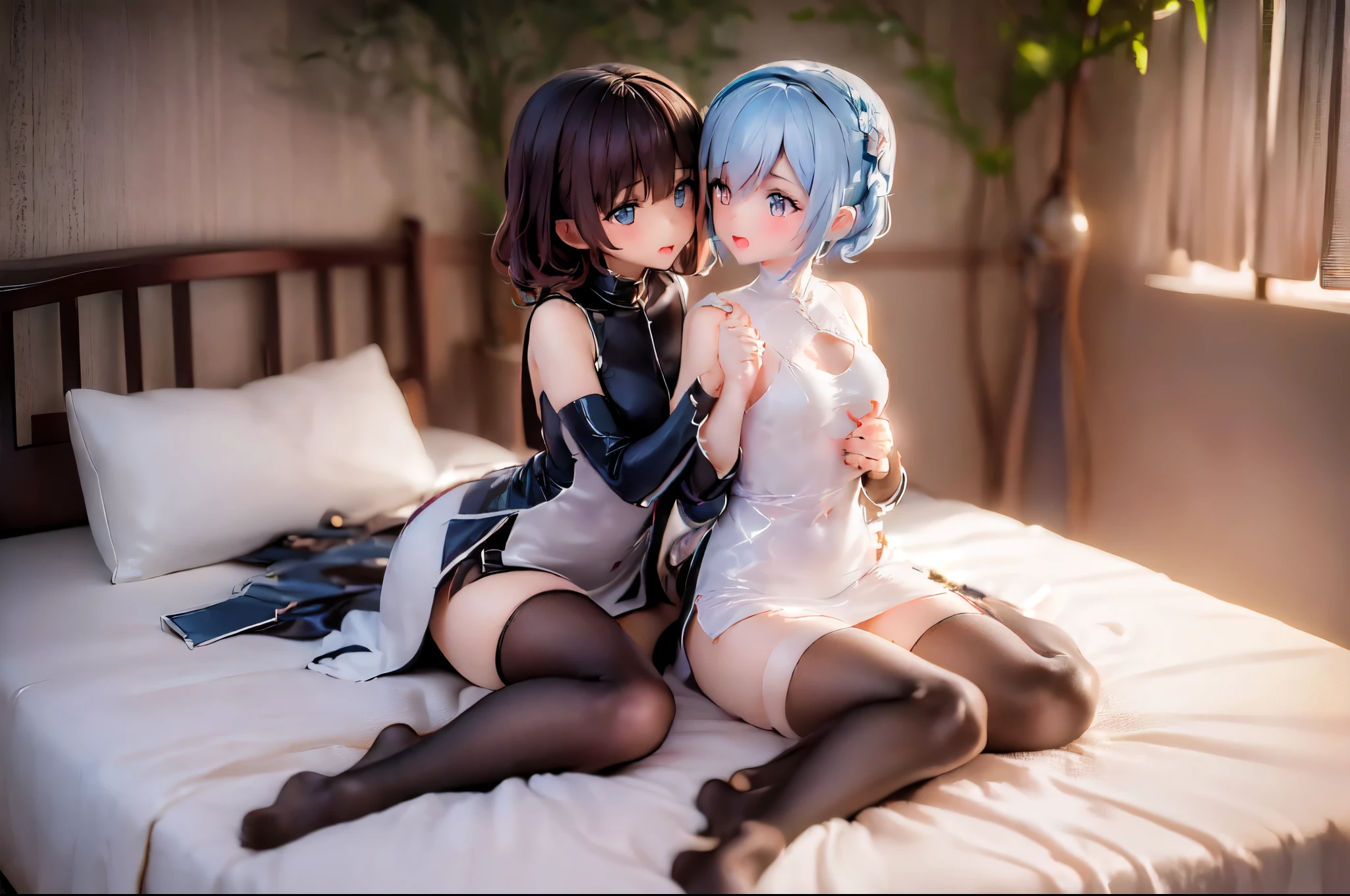 (Two girls hugging each other and holding hands:1.8), (Sitting on the bed:1.5), (Torn and tattered nun&#39;s uniform:1.5)、(Big Breasts、Cleavage、Butt:1.5), (Crying in fear:1.5), (Simple Background:1.8), (Highest quality, masterpiece: 1.5), (2.5D)、(((Skin glowing with oil:1.3)))、(Body covered in milk:1.5)、 (dynamic angle:1.8), (Raise the hand, Leg spread:1.3), ((((Wet)))), (((Spread your legs:1.5))),