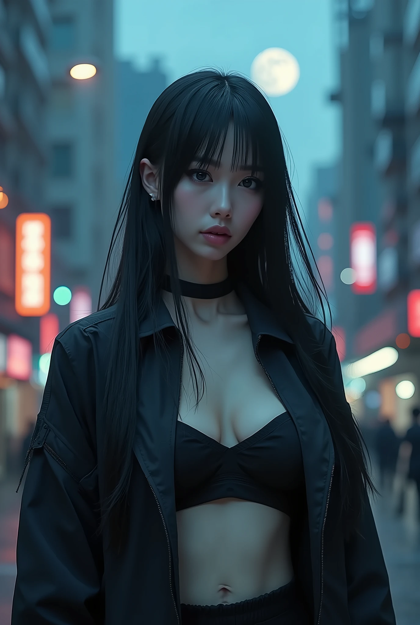 (photorealistic:1.4), (best quality:1.0), (ultra highres:1.0), 8k, RAW photo, (masterpiece:0.2), upper body,
Cybernetic_Jawless, mask, mechanical parts, cybernetic, 1girl, asian, black eyes, black hair, (long hair:1.2) with bangs,
(cyberpunk street:1.2), neon lights, ((cleavage))