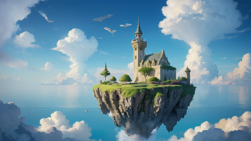 ((masterpiece)),((Highest quality)),((Attention to detail)),nobody,background, Fantasy, Floating Island, heaven, Paradise, blue sky, White flower, White Tower