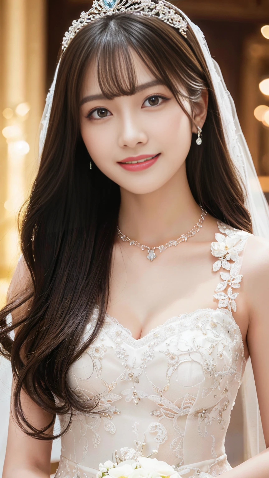 (Tabletop、highest quality、8k、Extremely fine and intricate detail、The most complex and detailed textures、Ultra-high resolution)、(1. A very young bride, 10 years old:1.1)、The most gorgeous wedding dresses、wedding lace、highest qualityの巨大なティアラ、highest qualityの巨大なネックレス、The most luxurious and elegant decoration、Upper body photo、The most luxurious church wedding、elegant and modern church、Stylish and elegant contemporary church、Delicate and luxurious stained glass、Upper body photo、The best smile when you see me、The most lavish wedding