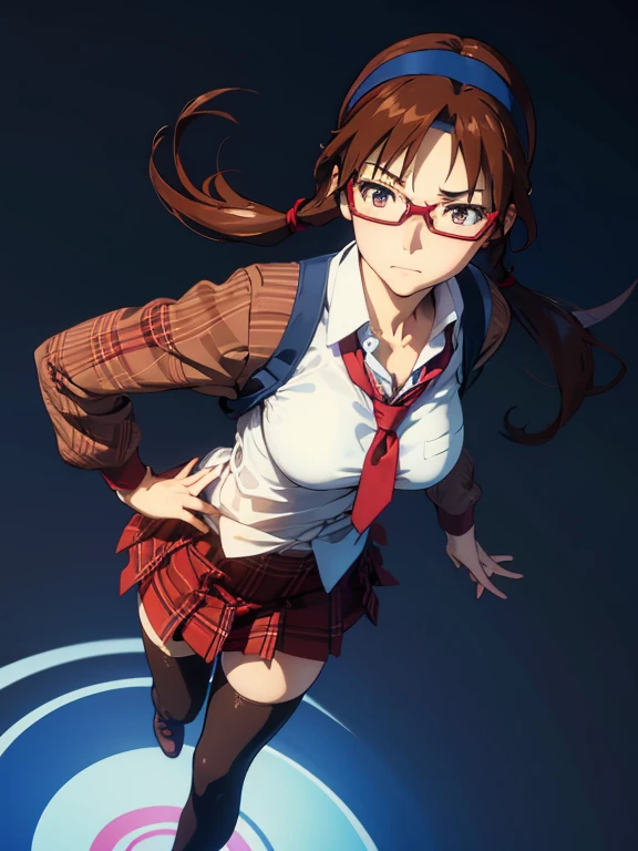 1girl, Mari Makinami, blue big eyes, brown hair, thick red rimmed glasses, headband, twintails, dress shirt, plaid skirt, pantyhose, school uniform, thighhighs, necktie, Slightly slim Beautiful figure, parted bangs, 
fall on one's butt with open legs, 1Teddy Bear, Teddy Bear is sticking face in her skirt, Clumsy, muff diving, She shyly holds down her skirt, Lucky Happenings, In the classroom, 
((masterpiece)), (anime realistic), High resolution, Best Quality, artistic photography, Super detailed, (high quality texture:1.2), RAW photos