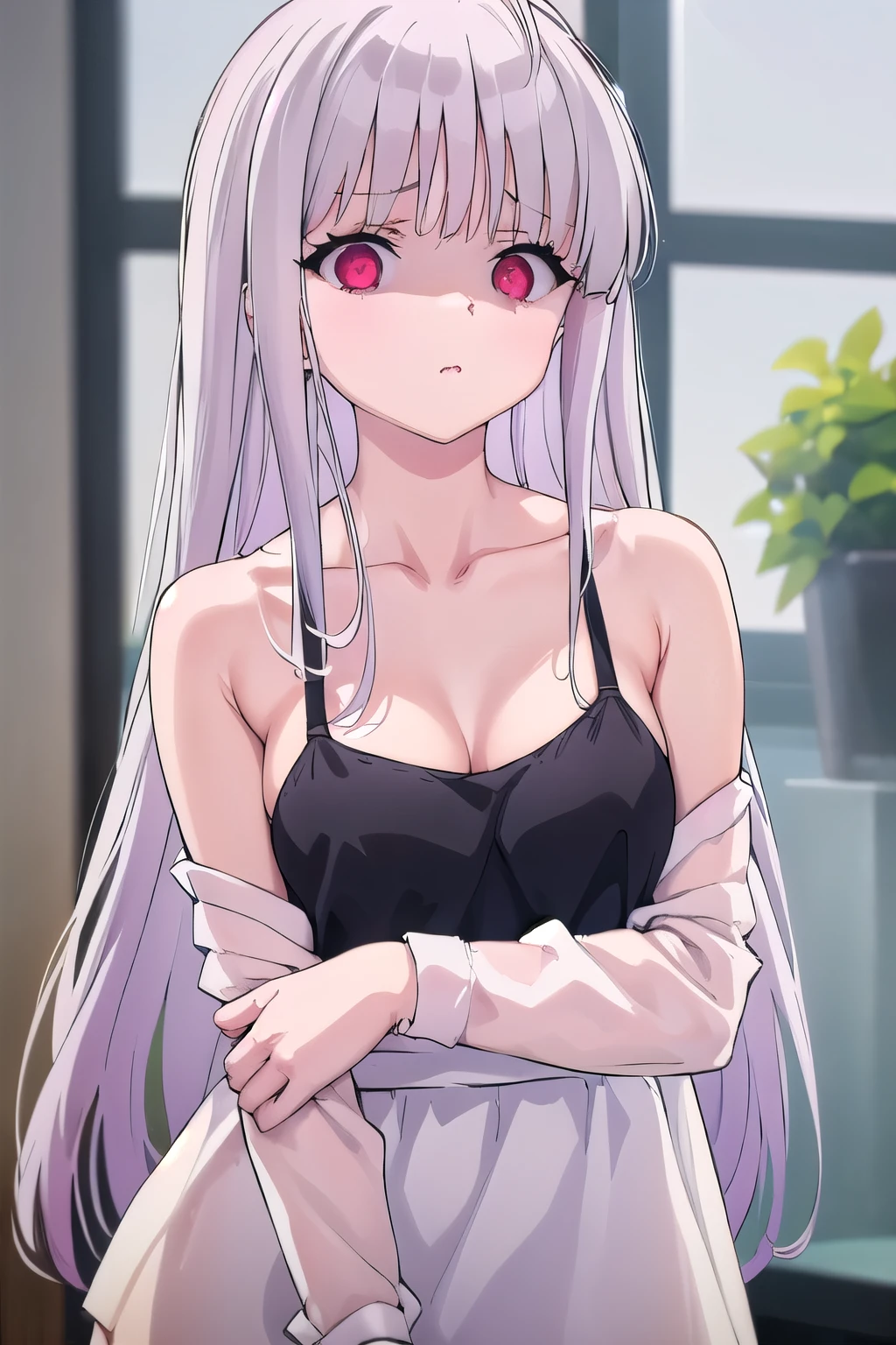 masterpiece, best quality, ultra-high-detailed, disgusted face, white hair, red eyes, sigtuna julie , medium breast, arm behind head, left arm, fit body , bare shoulder, Collarbone , armpit crease , looking to viewer, near shot, focus to armpit, mirroring, front shot, upper body, showing armpit , unpleasure, disdaining , furious , striking eyes, camisole, armpit crease, shaded face, tanktop , black camisole 