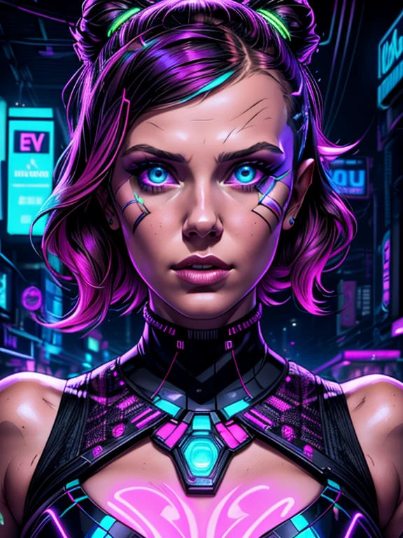 Millie Bobby Brown, a neon goddess,intricate cyberpunk fashion,glowing neon details,dramatic lighting,complex futuristic architecture,advanced technology,luminous energy field,vibrant neon colors,striking neon patterns,beautiful detailed eyes,beautiful detailed lips, small breasts, detailed cleavage, extremely detailed face and portrait,cinematic composition,hyper realistic,8k,photorealistic,masterpiece