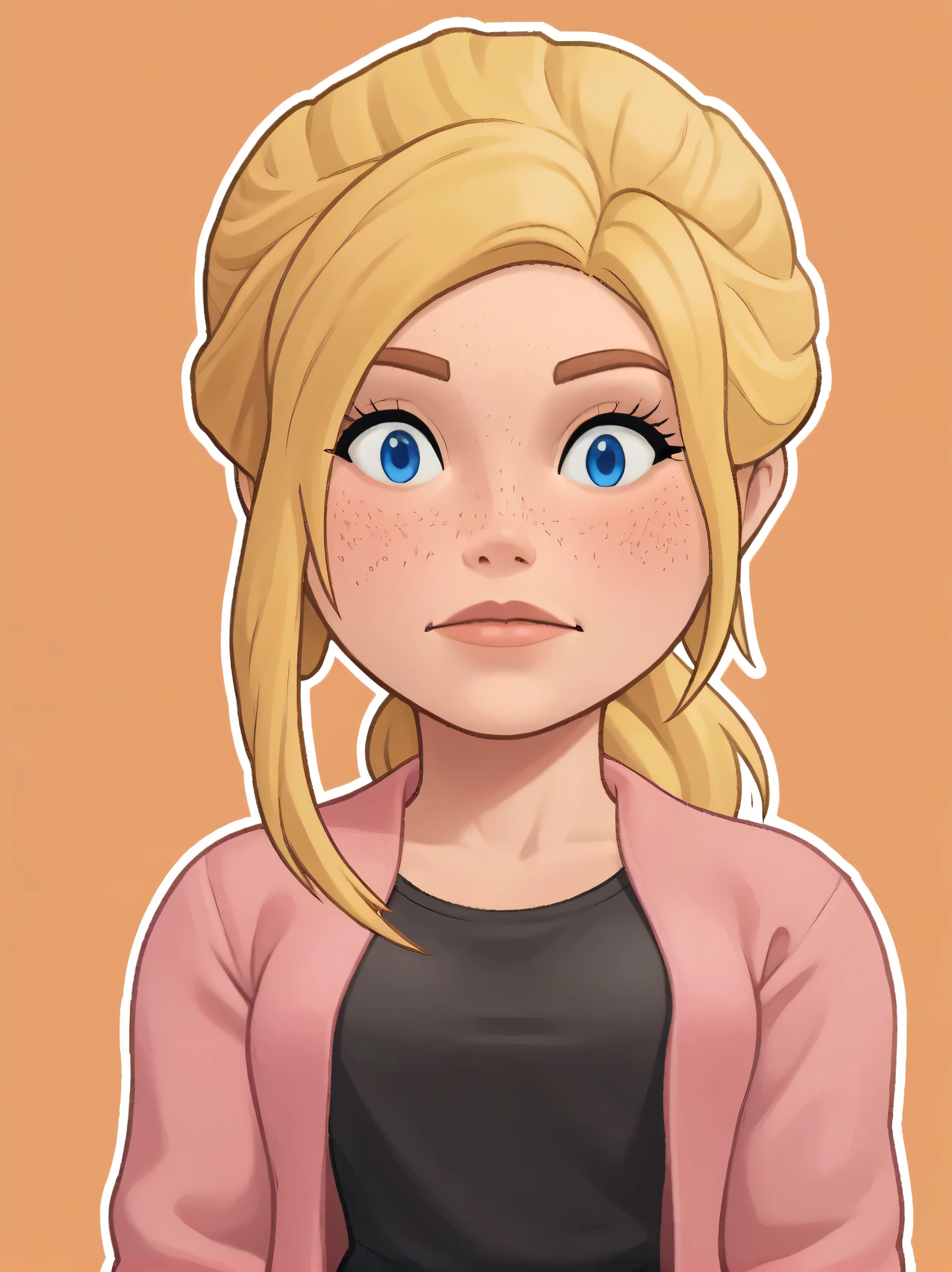 score_9, score_8_up, score_7_up, score_6_up, score_5_up, score_4_up, c00lw0rld, 1girl, curvy, freckles, EmilyA, blue eyes, blonde hair, braid, shirt, black shirt, jacket, pink jacket, long sleeves, portrait, orange background, white outline