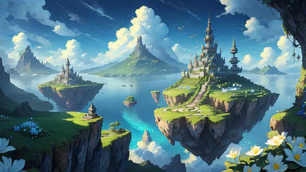 ((masterpiece)),((Highest quality)),((Attention to detail)),nobody,background, Fantasy, Many floating islands, heaven, Paradise, blue sky, White flower