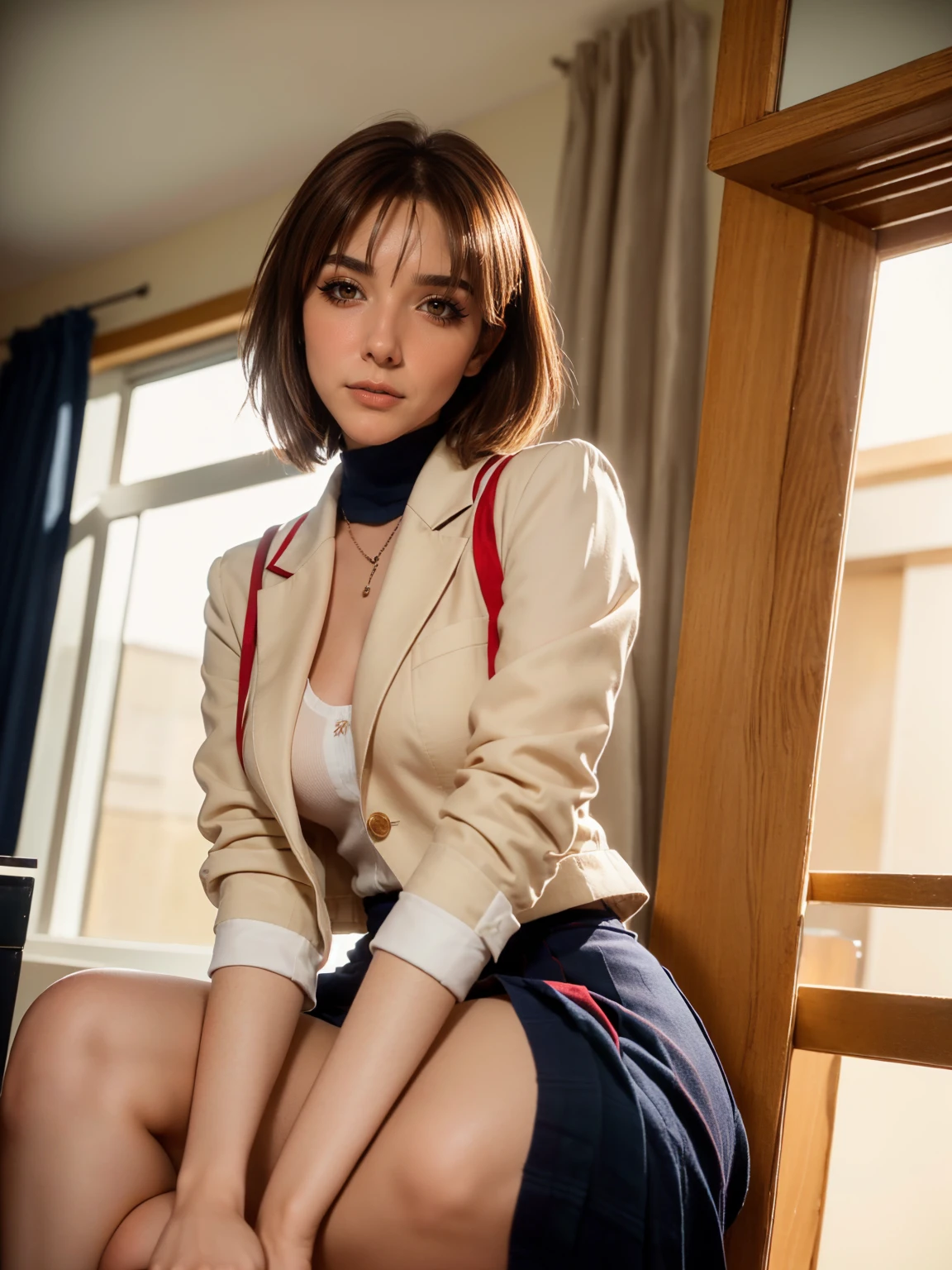 (1 lady), The beautiful, (Best quality at best:1.4), (ultra - detailed), (extremely detailed CG unified 16k), gold blonde hair, very detailed, High-definition RAW color photo, professional photoshooting, amazing face and eyes, cosmetics, (amazingly beautiful girl), ((furukawa nagisa, taller, tall woman, Bethcast)), ((beige school uniform blazer with white sailor collar with red line, navy blue skirt)), cute posture, (school, school hall room, extremely detailed background, a lot of details background, realistic background), realistic cinematic face, head to feet long wide zoomed out view, full body long view, photorealistic, ((realistic natural brown chocolate hair style, brown honey eyes)), gorgeous, extremely beautiful face, perfect model beauty, pout mouth, Highly Detailed Face and Skin Texture, Detailed Eyes, Double Eyelids, Mid sized breasts, Persistent Stare, Faith Trance, (mystical stare, looking eternity), (masterpiece), best quality, high resolution, depth of field, cinematic lighting, amazing legs, clear and well-cared skin