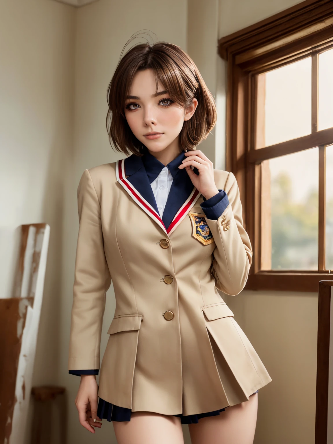 (1 lady), The beautiful, (Best quality at best:1.4), (ultra - detailed), (extremely detailed CG unified 16k), gold blonde hair, very detailed, High-definition RAW color photo, professional photoshooting, amazing face and eyes, cosmetics, (amazingly beautiful girl), ((furukawa nagisa, taller, tall woman, Bethcast)), ((beige school uniform blazer with white sailor collar with red line, navy blue skirt)), cute posture, (school, school hall room, extremely detailed background, a lot of details background, realistic background), realistic cinematic face, head to feet long wide zoomed out view, full body long view, photorealistic, ((realistic natural brown chocolate hair style, brown honey eyes)), gorgeous, extremely beautiful face, perfect model beauty, pout mouth, Highly Detailed Face and Skin Texture, Detailed Eyes, Double Eyelids, Mid sized breasts, Persistent Stare, Faith Trance, (mystical stare, looking eternity), (masterpiece), best quality, high resolution, depth of field, cinematic lighting, amazing legs, clear and well-cared skin