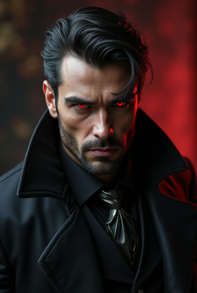 Realistic man with black hair and red eyes and white skin color, He's pretty young, it's elegant, sem beard, Intimidating Enforcer, stark, brawny, closed, comely. He has dark powers of shadows