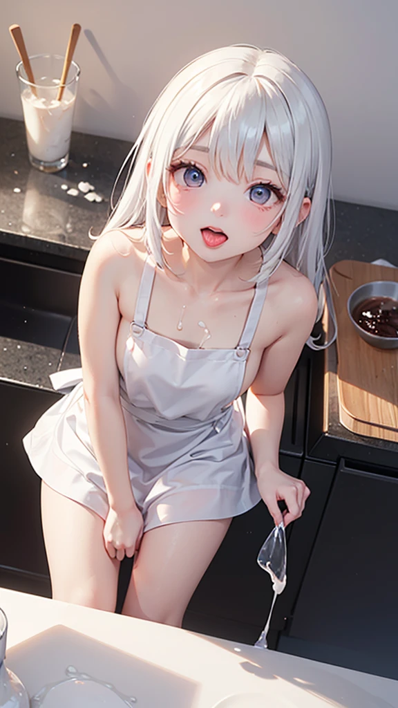 Beautiful girl licks a fully loaded condom with the tip of her tongue、White fluid dripping from chest、Dynamically lean back、Naked Apron、(Looking into the camera、look up:1.5)、kitchen、Wide viewing angles、White liquid on thighs