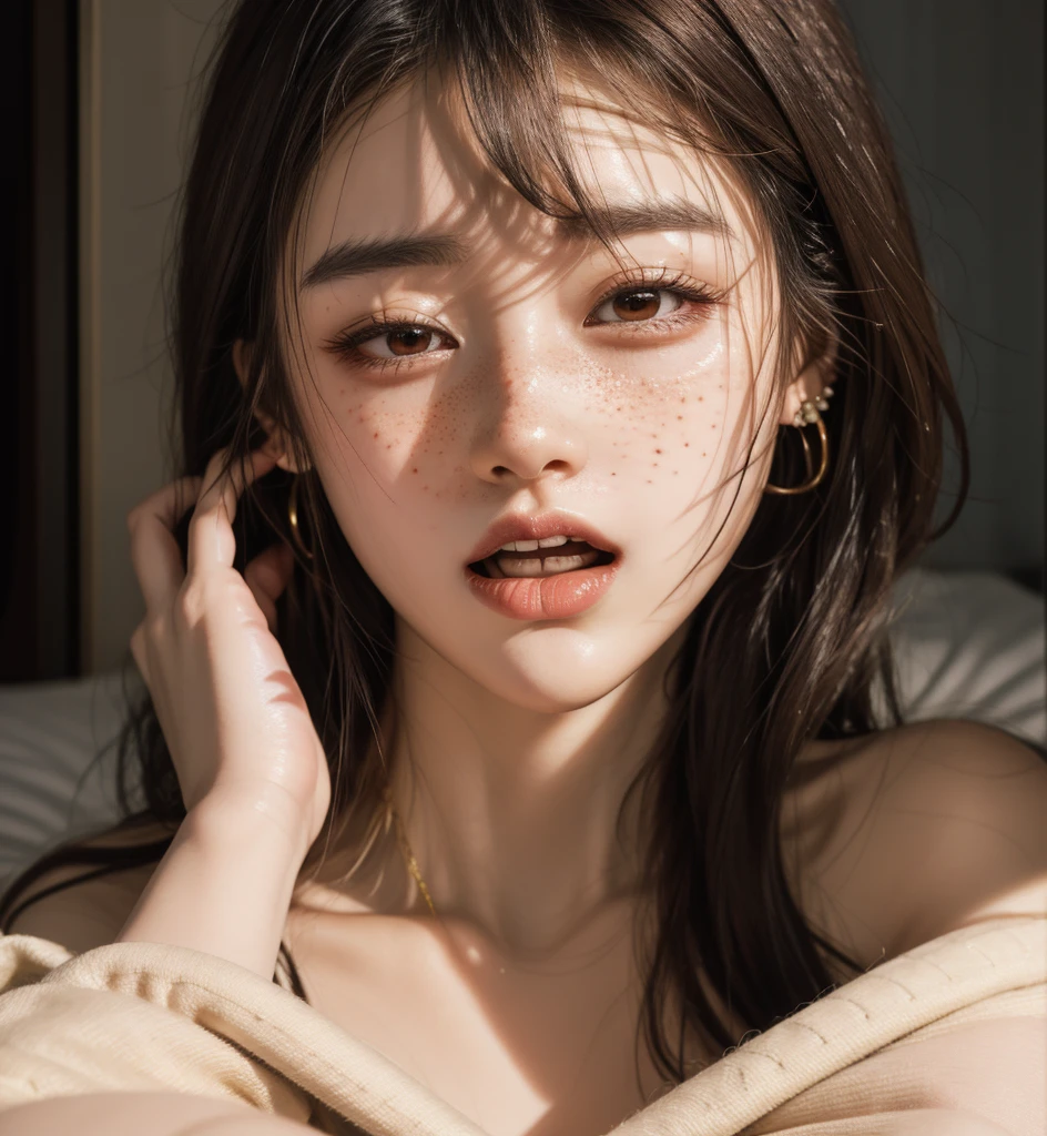 1 girl, Japanese, 4k, realistic, soft skin, texturized skin, short whavy black hair with bangs, bob hairstyle, shining brown eyes, red eyeliners, shining red lips, soft makeup, freckles, round gold earings, pijama, covered by a red blanket, tattoos, open mouth, eyes half closed, waking up from bed, yawning, soft lighting, portrait, bright colors, looking directly to the viewer.