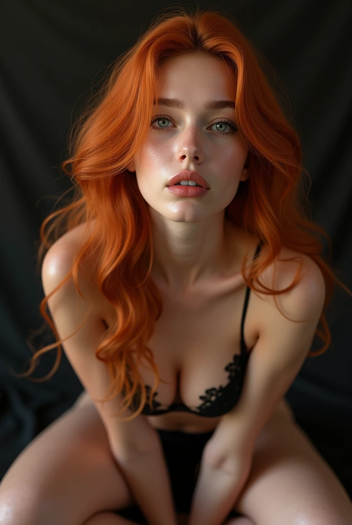 8K, Best Quality, Masterpiece, Ultra High Resolution, (Realism: 1.4), Original Photo, (Realistic Skin Texture: 1.3), (Film Grain: 1.3), (Selfie Angle), 1 redhead woman, Beautiful Eyes and Face Details, Masterpiece, Best Quality, Close-up, whole body, Looking at the Viewer, black lingerie, sitting on the bench