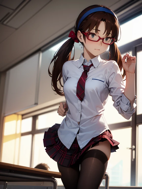 1girl and 1Teddy Bear, Mari Makinami, blue big eyes, brown hair, thick red rimmed glasses, headband, twintails, dress shirt, plaid skirt, pantyhose, school uniform, thighhighs, necktie, Slightly slim Beautiful figure, parted bangs, 
BREAK. ((fall on one's butt with open legs:1.2, Teddy Bear is sticking face in her skirt:1.2, Clumsy, muff diving, She shyly holds down her skirt:1.2, Embarrassed look)), Lucky Happenings, ((In the classroom)), 
((masterpiece)), (anime realistic), High resolution, Best Quality, artistic photography, Super detailed, (high quality texture:1.2), RAW photos