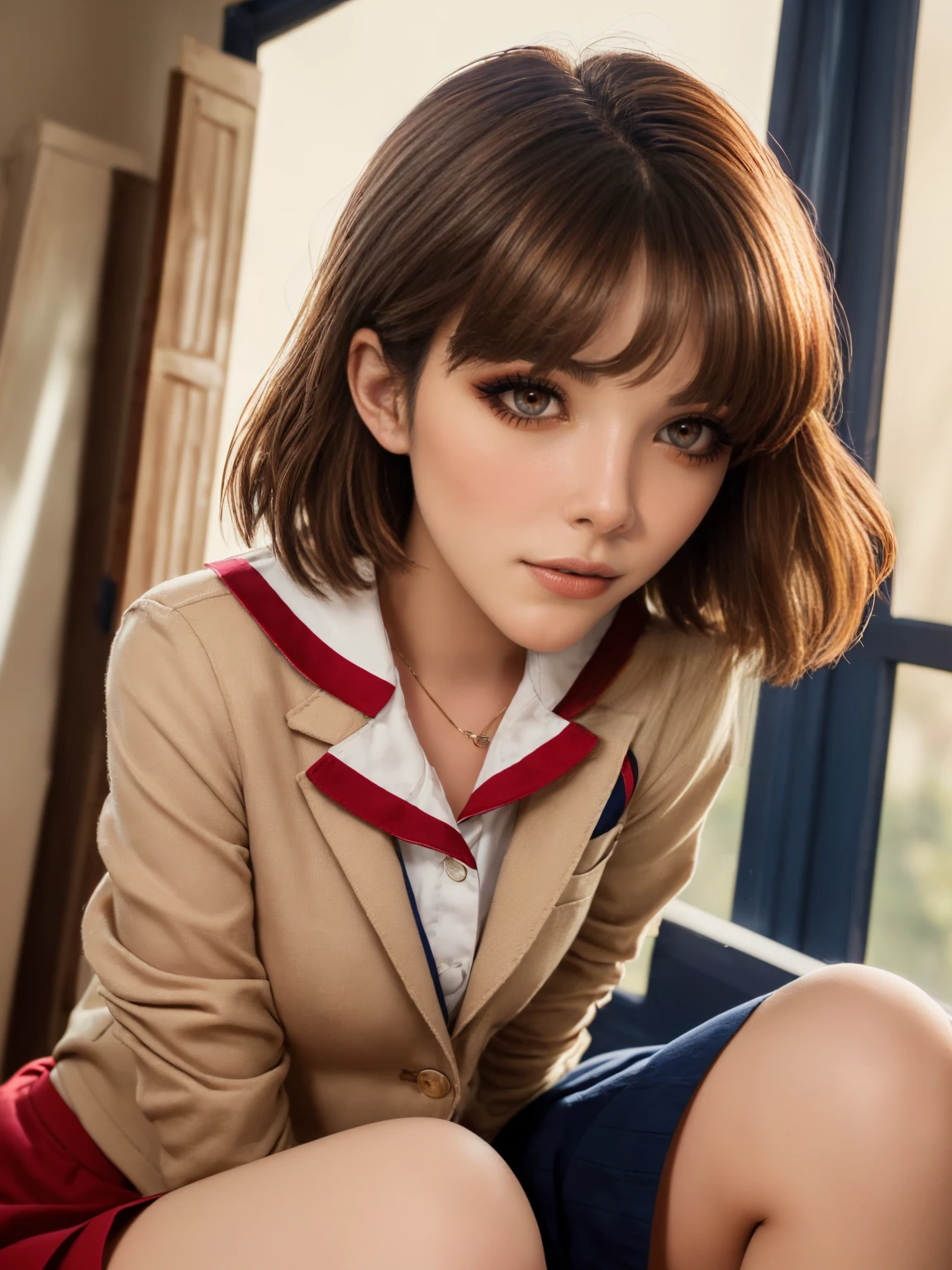 (1 lady), The beautiful, (Best quality at best:1.4), (ultra - detailed), (extremely detailed CG unified 16k), gold blonde hair, very detailed, High-definition RAW color photo, professional photoshooting, amazing face and eyes, cosmetics, (amazingly beautiful girl), ((furukawa nagisa, taller, tall woman, Bethcast)), ((beige school uniform blazer with white sailor collar with red line, navy blue skirt)), cute posture, (school, school hall room, extremely detailed background, a lot of details background, realistic background), realistic cinematic face, head to feet long wide zoomed out view, full body long view, photorealistic, ((realistic natural brown chocolate hair style, brown honey eyes)), gorgeous, extremely beautiful face, perfect model beauty, pout mouth, Highly Detailed Face and Skin Texture, Detailed Eyes, Double Eyelids, Mid sized breasts, Persistent Stare, Faith Trance, (mystical stare, looking eternity), (masterpiece), best quality, high resolution, depth of field, cinematic lighting, amazing legs, clear and well-cared skin