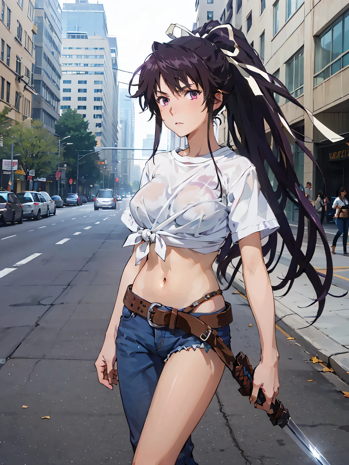 Masterpiece, best quality, height, 1 girl, alone, With shell, Asymmetrical clothes, One side short pants, one side long, navel, purple eyes, My hair is very long., Tie-dye shirt, Diaphragm, hair ribbon, Single pant leg, white shirt, ponytail, black hair, big breasts, jeans, white ribbon, brown belt, purple hair, Asymmetrical pants, outdoor, cowboy shoot, , thin wire is drawn inside the pussy, A thin thread is inserted into the vagina., sword, weapon, in the city
