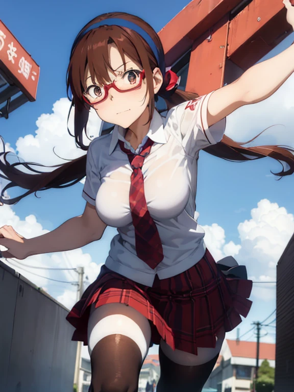 1girl, Mari Makinami, blue big eyes, brown hair, thick red rimmed glasses, headband, twintails, dress shirt, plaid skirt, pantyhose, school uniform, thighhighs, necktie, Slightly slim Beautiful figure, parted bangs, 
BREAK. ((fall on one's butt with open legs:1.2, Teddy Bear is sticking face in her skirt:1.2, muff diving, She shyly holds down her skirt:1.2, Embarrassed look)), Lucky Happenings, ((In the classroom)), 
((masterpiece)), (anime realistic), High resolution, Best Quality, artistic photography, Super detailed, (high quality texture:1.2), RAW photos