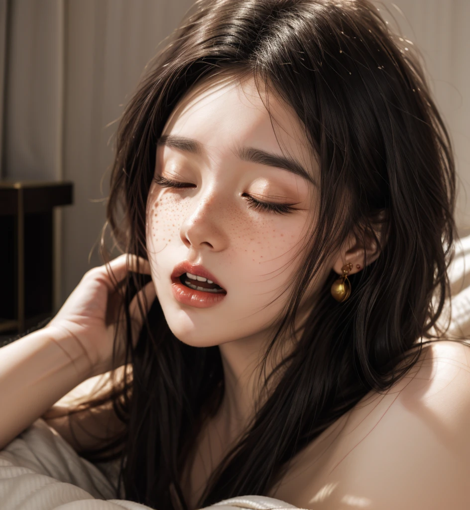 1 girl, Japanese, 4k, realistic, soft skin, texturized skin, short whavy black hair with bangs, bob hairstyle, red eyeliners, shining red lips, soft makeup, freckles, round gold earings, pijama, covered by a red blanket, tattoos, open mouth, eyes closed, waking up from bed, yawning, soft lighting, portrait, bright colors, looking directly to the viewer.