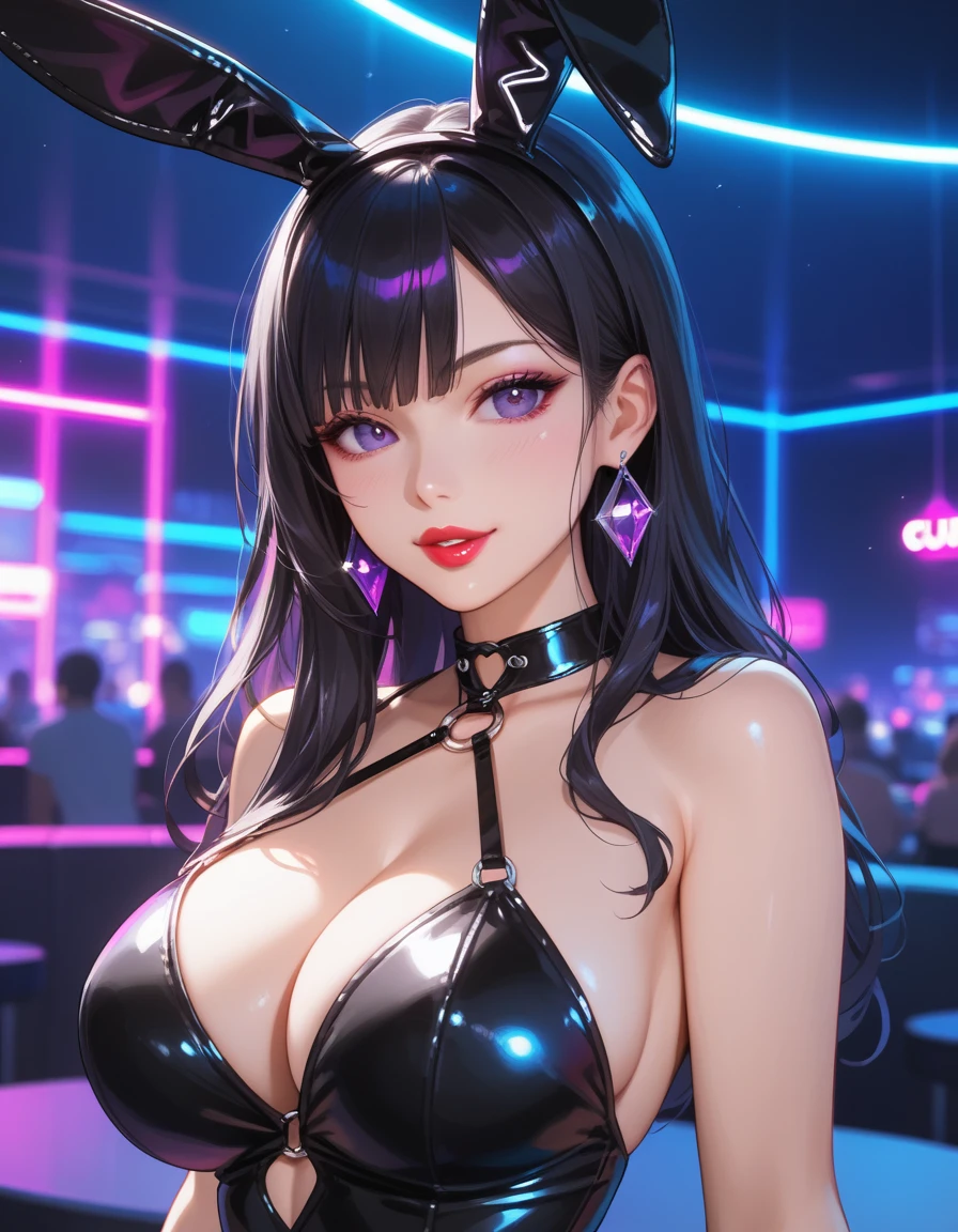 score_9, score_8_up, score_7_up, 1girl, solo, long hair, black hair, silky hair, violet eyes, beautiful eyes, pretty lipstick, black leather bunny clothes, [big breast], disco night club background, vibrant color