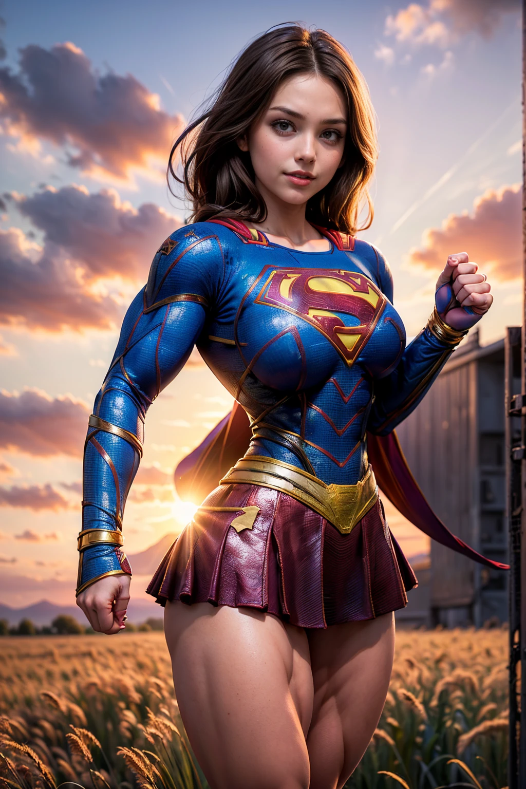 (Muscular:1.7), (large round breasts and thighs:1.7), (large muscular chest and shoulders:1.1), (tween age:2.1), FEMALE, brown hair, long brown hair, (big smile:1), (wearing a tight full Supergirl costume:1.5), looking at viewer, (three quarter view:1.2), upper body view, (field sunset:1.5), dark lighting, detailed skin, detailed eyes, (clean skin:1.5), (very thin waist:1.3), (huge body muscles:1.7), (one protagonist:1.5),