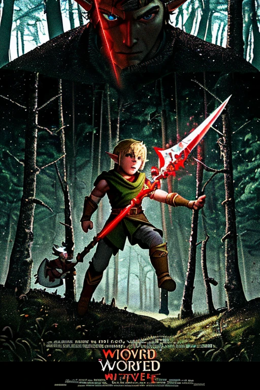 (movie poster), adventurer and another world, little elf flying nearby, with a battle axe, building materials and impact. The main character is a human, his berserker axe shines with a red ray, In the woods, he has a subordinate from mythology.
(Perfect color combination),