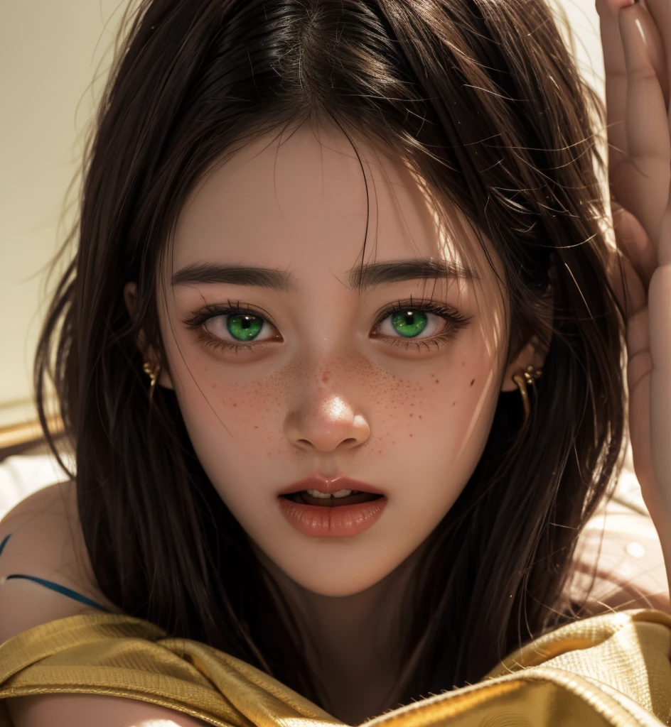 1 girl, Japanese, 4k, realistic, soft skin, texturized skin, long whavy black hair with bangs and green fade, green eyes, red eyeliners, shining red lips, soft makeup, freckles, round gold earings, pijama, covered by a red blanket, tattoos, open mouth, waking up from bed, yawning, soft lighting, portrait, bright colors, looking directly to the viewer.