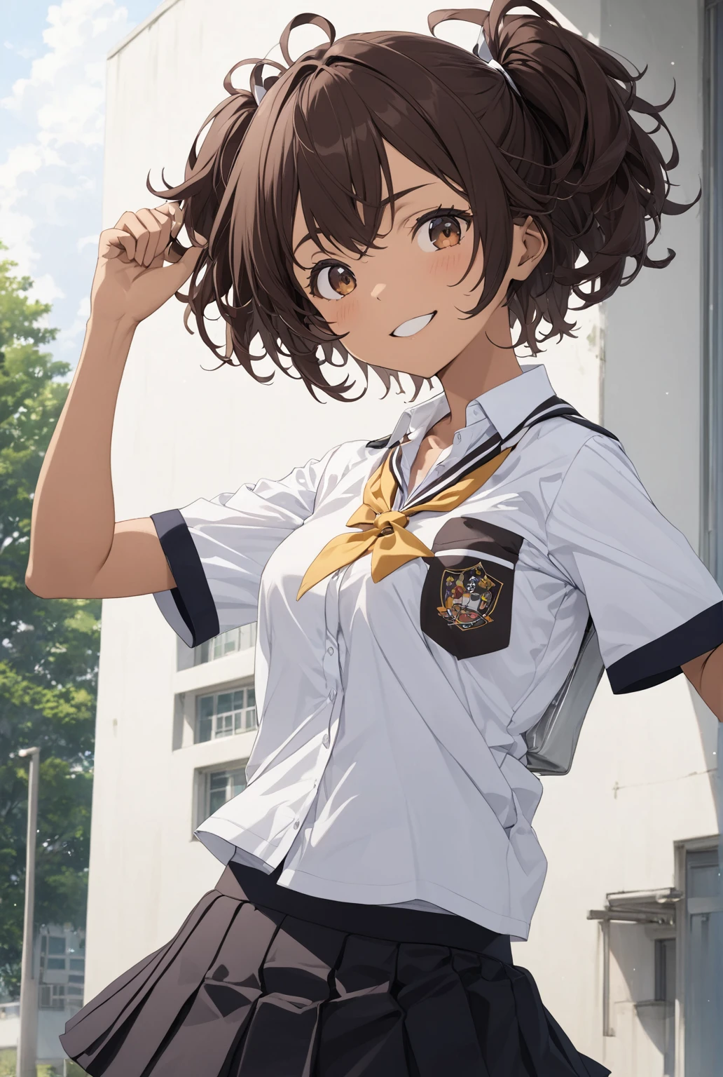 girl, high school student、uniform, School、School building, pose, Small breasts, Can be seen through the shirt, Proud expression, Brown Hair, Brown skin, A joker