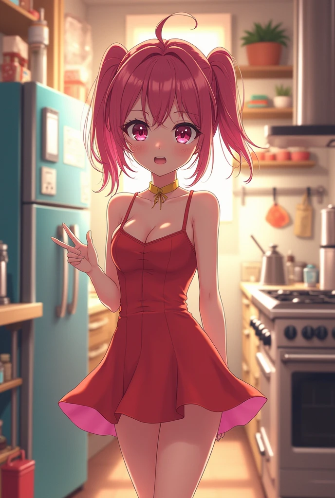 work of art,highest quallity,Cute Doodles,hilarious, Honor student, 17 yr old,low length,curly hair, pink hair,breasts big,Vibrant, shy,freckles,Pose sexy,topless, open fly lace panties,tennis,Kitchen helper