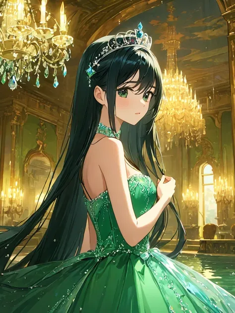 masterpiece,high quality,one woman,princess,西洋のprincess,black hair,long hair,black eye,green dress,tiara,western castle,western-...