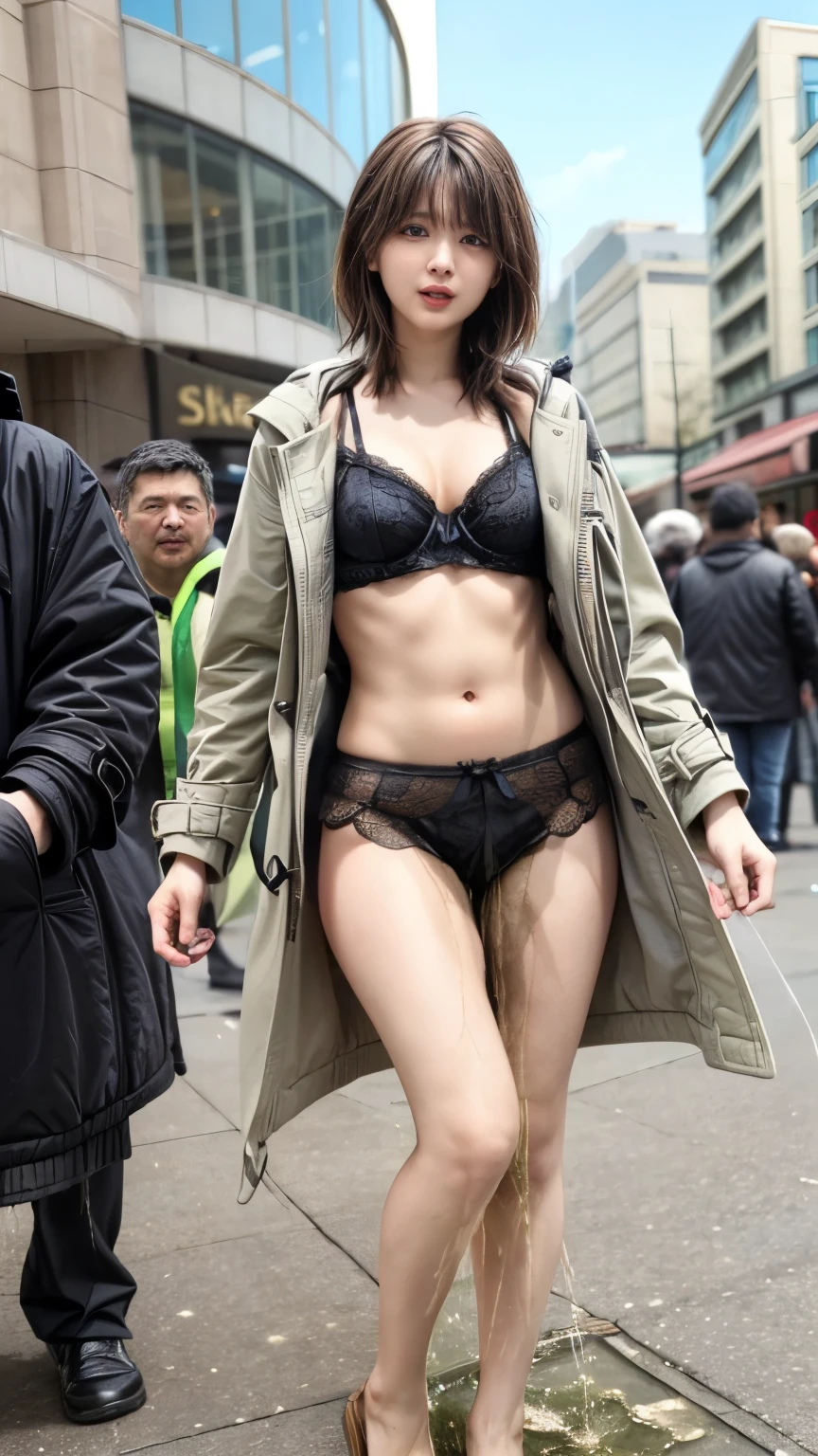 (realistic, photo-realistic:1.4), (best quality, masterpiece), RAW photo, high resolution, intricate details, extremely detailed, sharp focus, professional lighting, (full body), solo, a Japanese female idol, 1girl, (skimpy lingerie under coat:1.4), (huge breasts), (standing, open coat:1.5), ankle strap sandals, (detailed eyes, beautiful pupils, sophisticated nose), desperate face, open mouth, (peeing self, urinate a lot, urination:1.5), (pee puddle, pee stain, pee running down legs:1.2), photo background, outdoors, downtown, shopping mall, daytime, holiday, (crowd in background:1.4), 