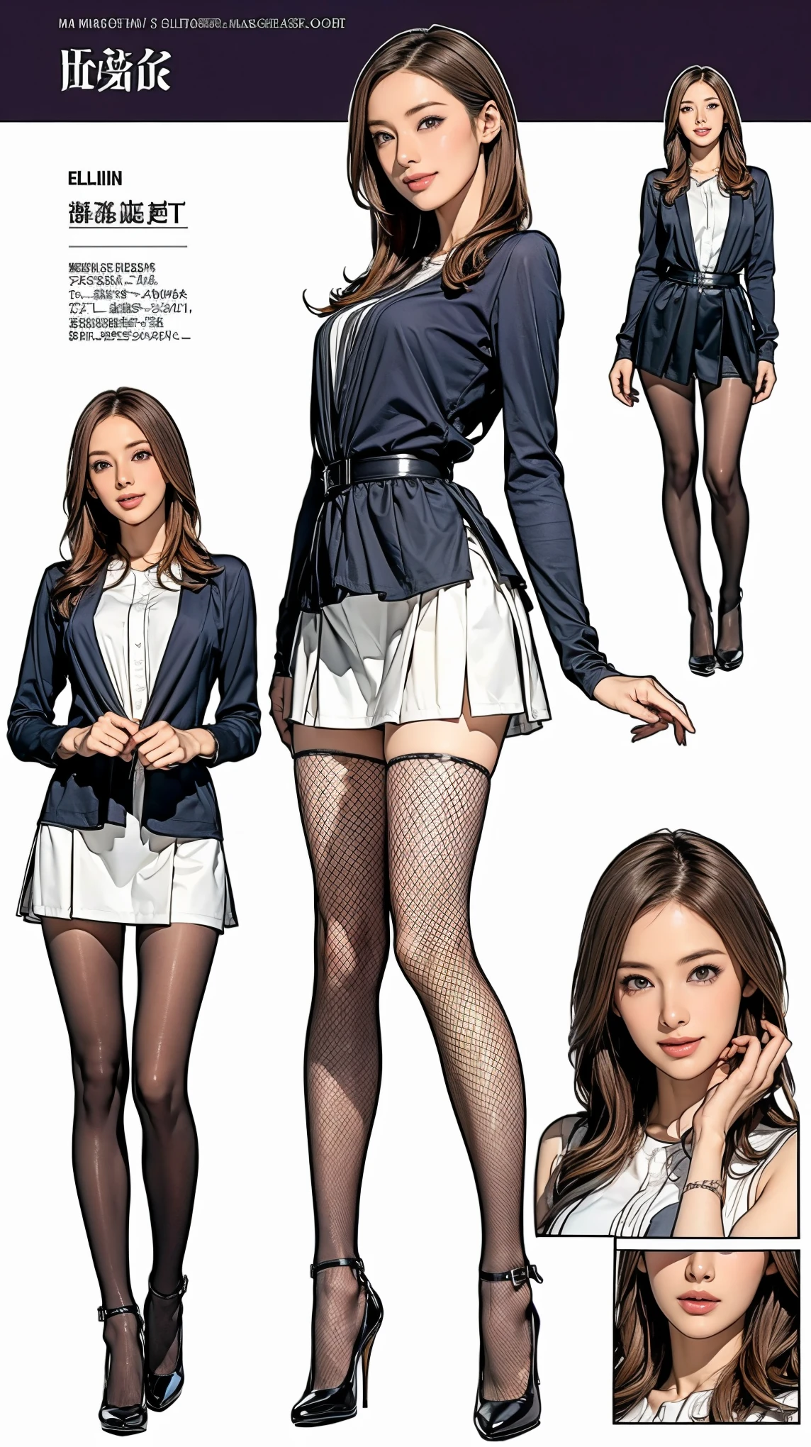 ((masterpiece)),(((Highest quality))),((Character design sheet)),Thin thighs,Long legs,wearing black fishnet tights:1.5,The best smile:1.5,Full Body Shot:1.5,masterpiece, Highest quality, One Girl, Elaina_(May_no_gossip), Silver Hair, Purple eyes, Long Hair,