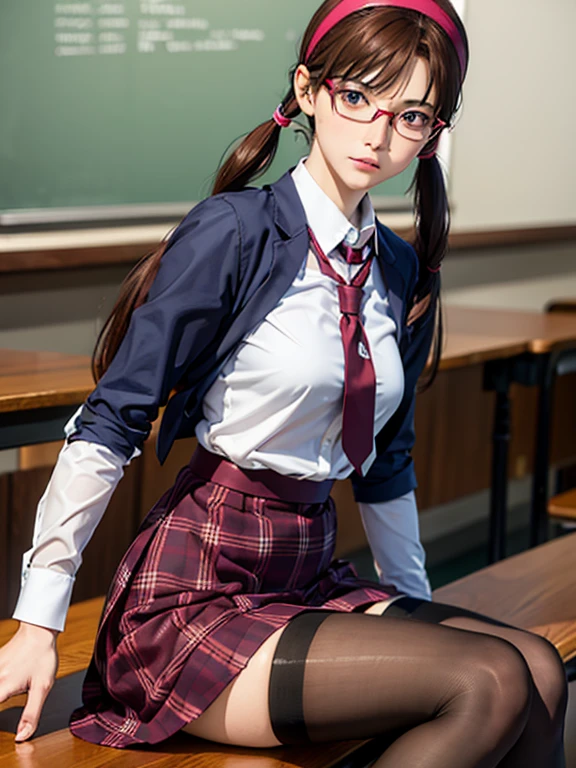 ((fall on one's butt with open legs:1.2, She shyly holds down her skirt:1.2, Embarrassed look)), Lucky Happenings, ((In the classroom)), 
BREAK. 1girl, Mari Makinami, blue big eyes, brown hair, thick red rimmed glasses, headband, twintails, dress shirt, plaid skirt, pantyhose, school uniform, thighhighs, necktie, Slightly slim Beautiful figure, parted bangs, (Teddy Bear), 
((masterpiece)), (anime realistic), High resolution, Best Quality, artistic photography, Super detailed, (high quality texture:1.2), RAW photos