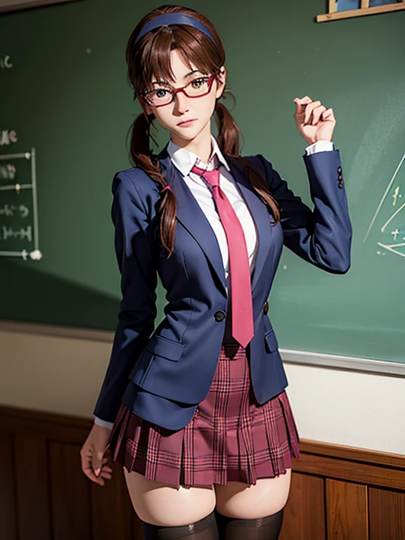 ((fall on one's butt with open legs:1.2, She shyly holds down her skirt:1.2, Embarrassed look)), Lucky Happenings, ((In the classroom)), 
BREAK. 1girl, Mari Makinami, blue big eyes, brown hair, thick red rimmed glasses, headband, twintails, dress shirt, plaid skirt, pantyhose, school uniform, thighhighs, necktie, Slightly slim Beautiful figure, parted bangs, (Teddy Bear), 
((masterpiece)), (anime realistic), High resolution, Best Quality, artistic photography, Super detailed, (high quality texture:1.2), RAW photos