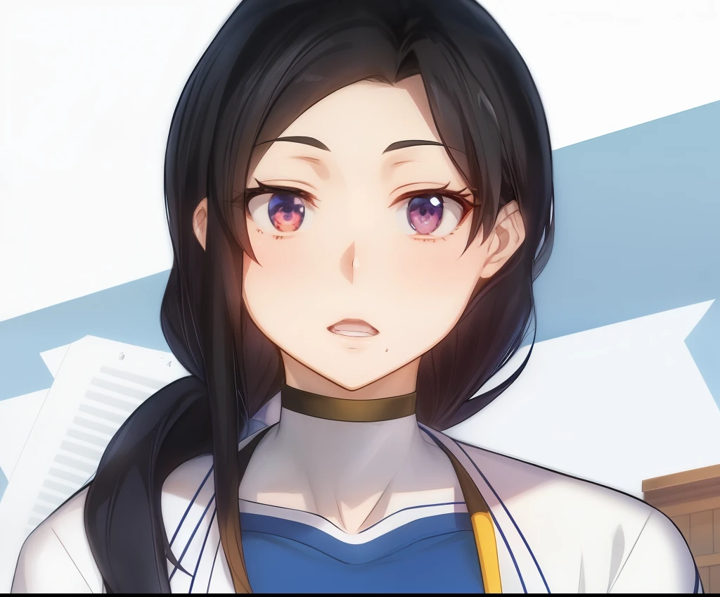 Close-up of a woman with long dark hair and a blue shirt, Nico Robin, Ace Attorney Maya Fey, Spy x Family Anya, as an anime character, Hinata Hyuga, anime female characters, Mai Yoneyama, Anime visual of a young woman, harumi, Kentaro Miura style, nagatoro, mayuri shiina、Beautiful brown eyes