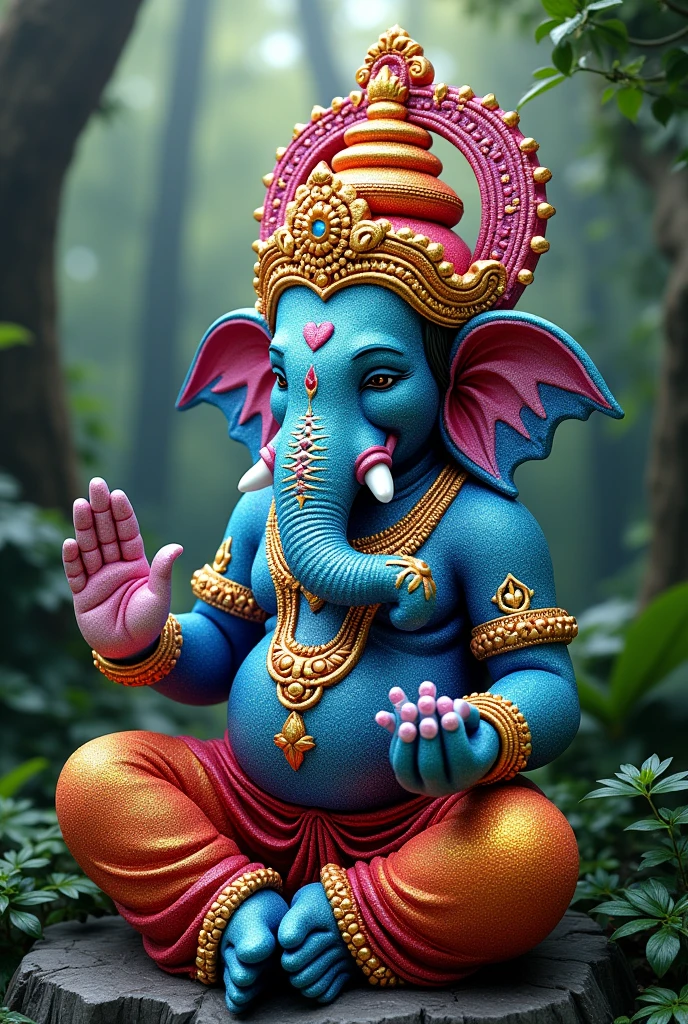 A ganesha statue with only colours of blue yellow green red white and black