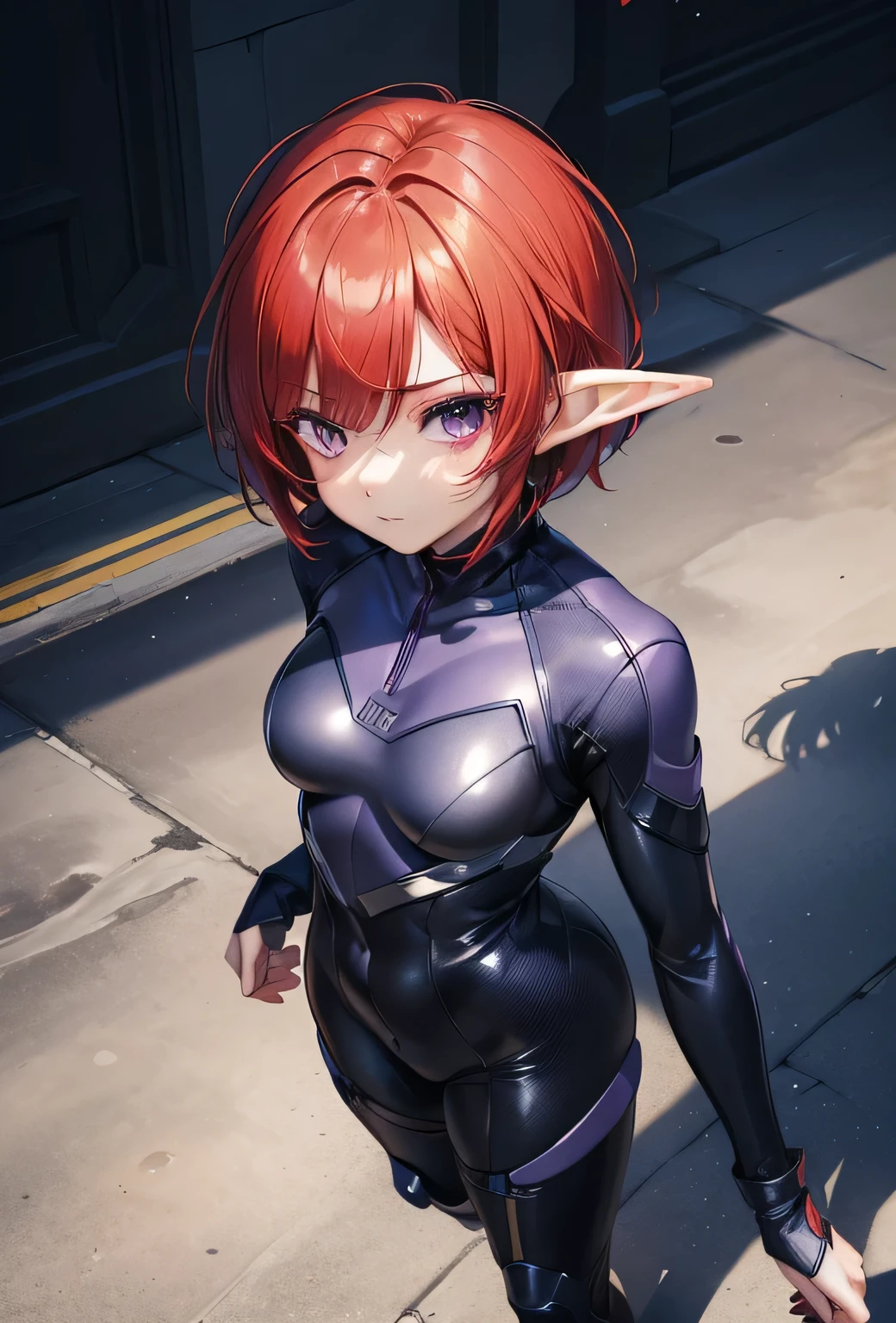 (masterpiece, Highest quality, Ultra-high resolution、Angle from above): (whole body、a 20 year old girl、Pointed elf-like, super short red bob cut hair、violet eyes、Shiny pilot suit in blue and black colors.、tight clothes