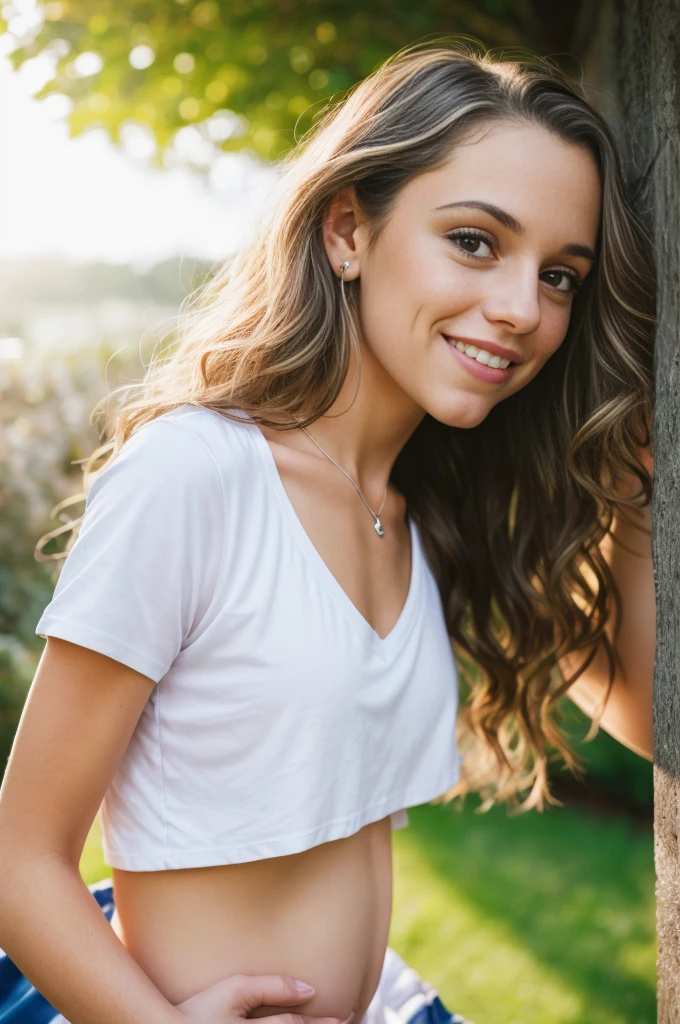 ((European pre-teen)), excited girl, t-shirt style dress, V-neck, no panties, pregnant, close-up from thighs to face, shot from below, very light skin, very long hair, wavy hair, blonde hair, garden, sunrise, photorealistic, indirect lighting, volumetric light, ray tracing, hyper-detailed, best quality, ultra-high resolution, HDR, 8k