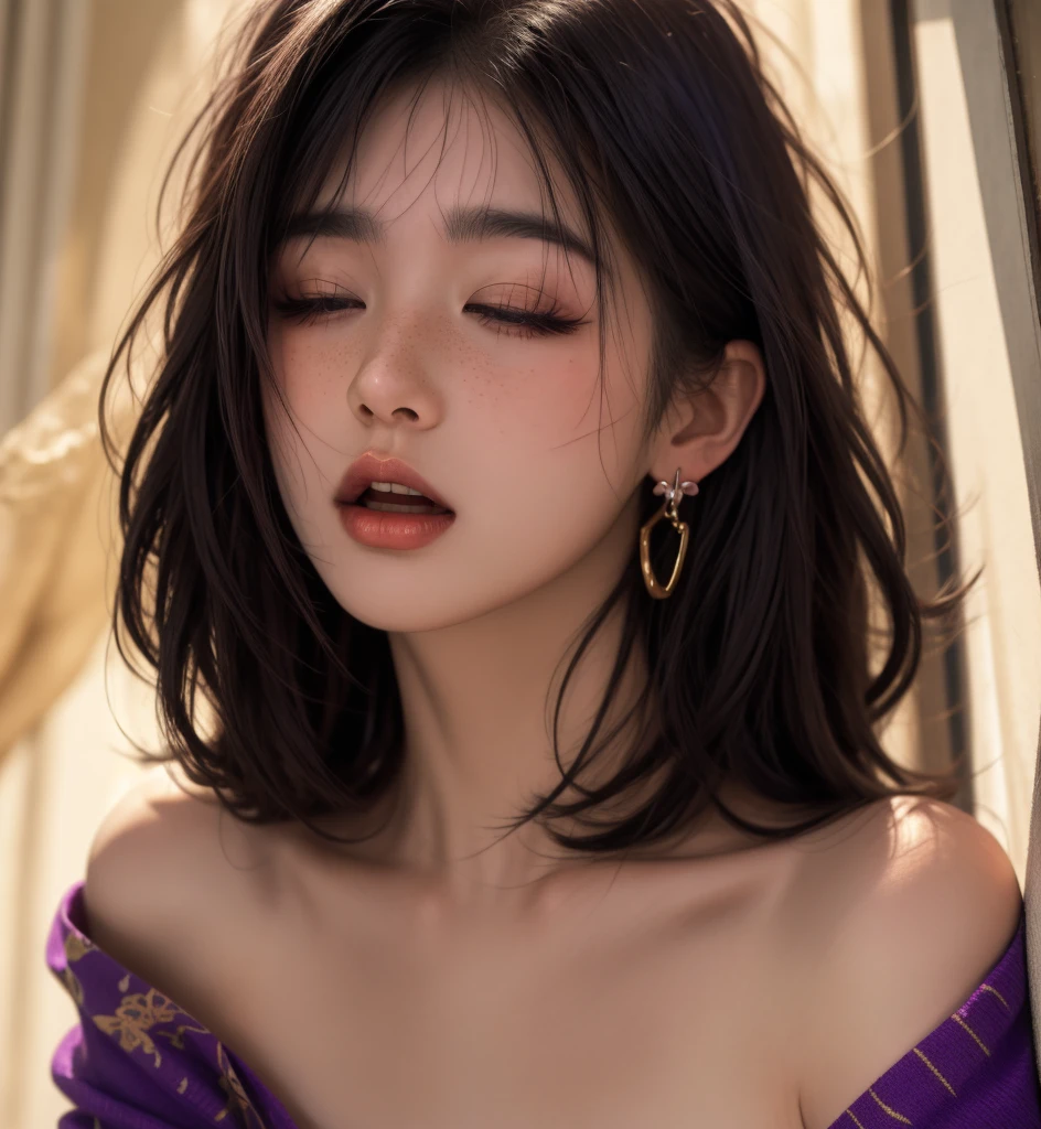 1 girl, Japanese, 4k, realistic, soft skin, texturized skin, long whavy black hair with bangs and purple fade, bright purple eyes, red eyeliners, shining red lips, soft makeup, freckles, round gold earings, pijama, covered by a red blanket, tattoos, open mouth, hald closed eyes, waking up from bed, yawning, soft lighting, portrait, bright colors, looking directly to the viewer, birds eye view angle.