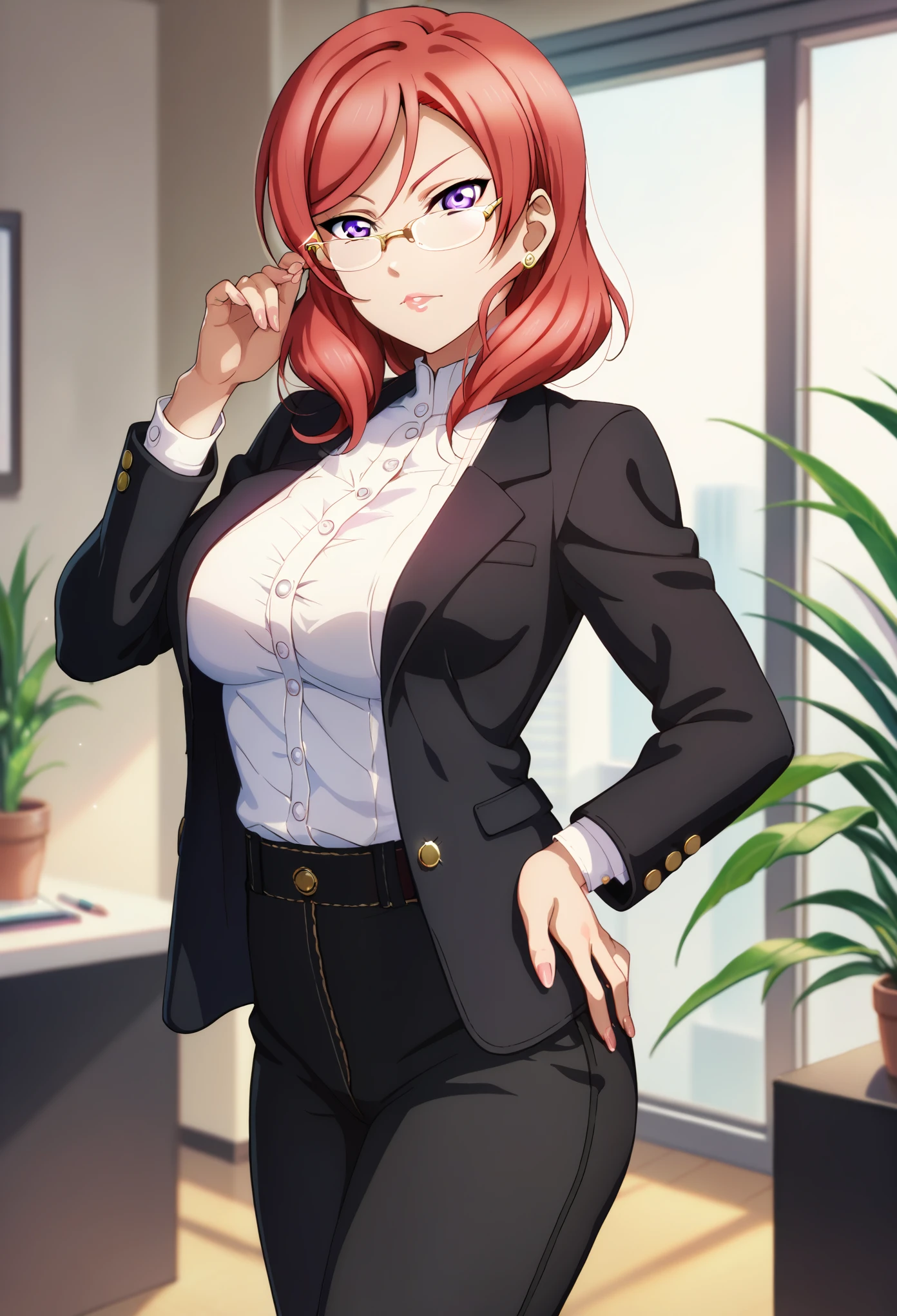 masterpiece, best quality, mature woman,nishikino maki love live, purple eyes,red hair ,breasts, looking at viewer ,black suit jacket with white shirt, black pants that hugs her curves, glasses,hand on hip, formal ,solo, office 